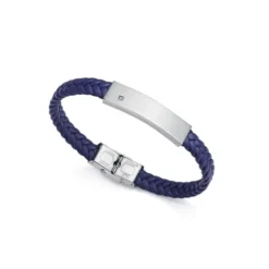 Pulsera de Hombre Magnum de acero con diamante y piel trenzada en azul