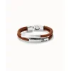 Pulsera doble cuero camel con dos tubos bañada en plata de ley